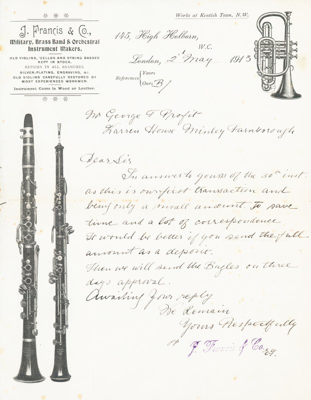 J Francis & Co, militar, banda de metais e fabricantes de instrumentos de orquestra de English School
