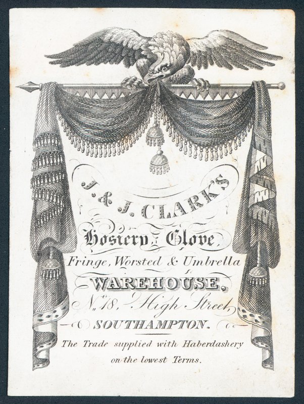 J & J Clarks, meias, luvas, franjas, galpões e guarda-sóis, cartão comercial de English School