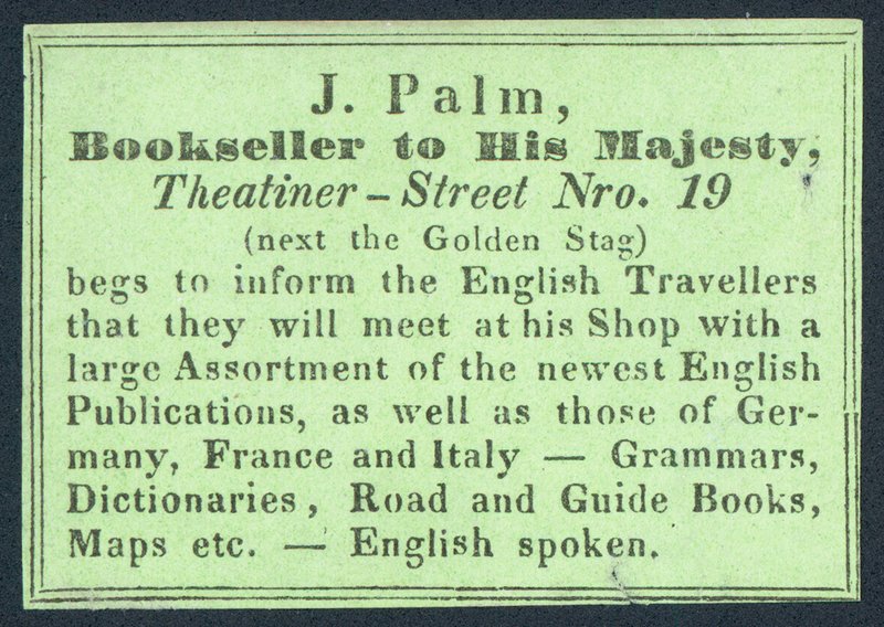 J Palm, Livreiro para Sua Majestade, cartão comercial de English School