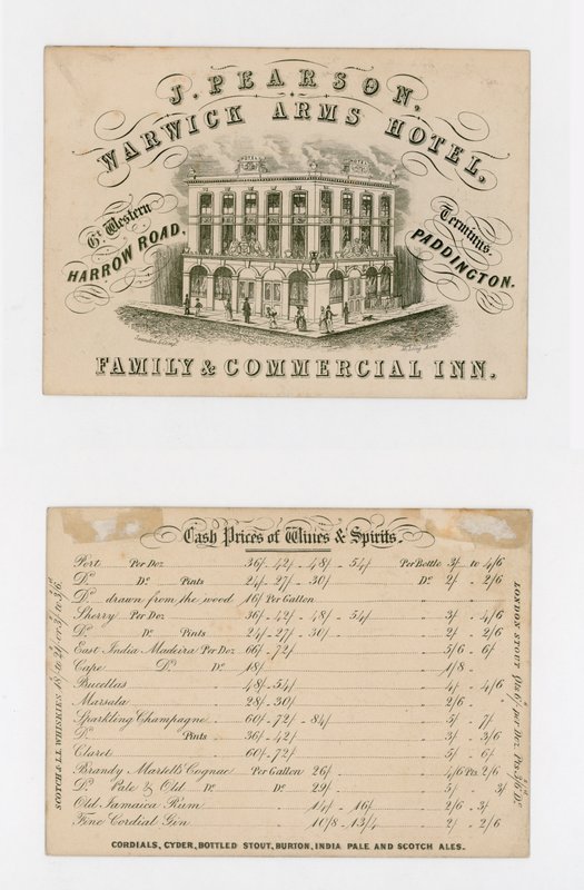 J Pearson, Warwick Arms Hotel, cartão comercial (frente e verso) de English School