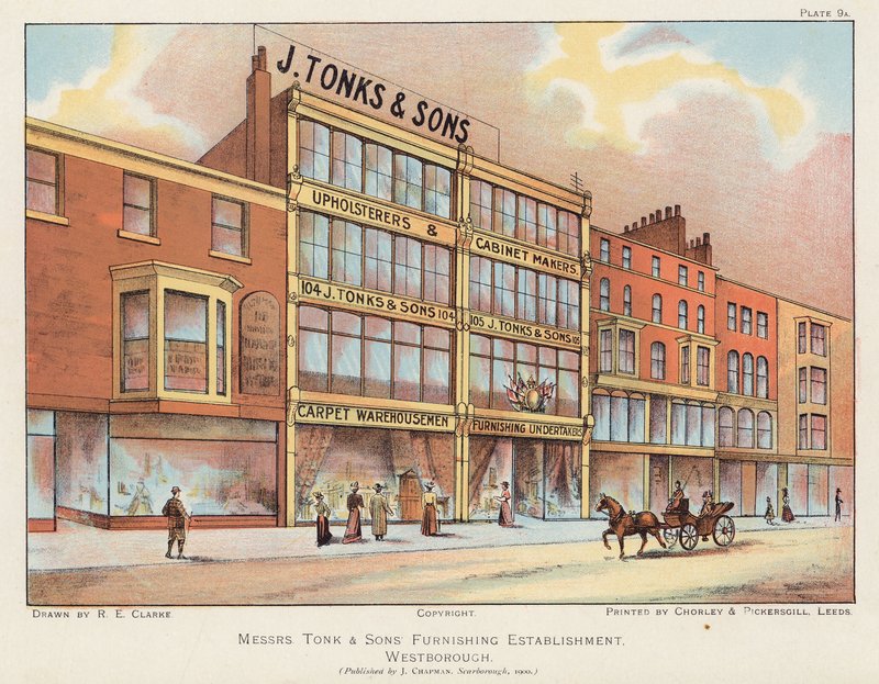 J Tonks  Sons furnishings store, Scarborough (litografia a cores) de English School