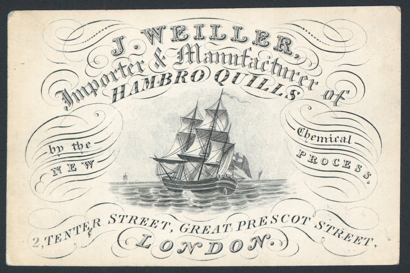 J Weiller, importador e fabricante de Hambro Quills, 2 Tenter Street, cartão comercial de English School