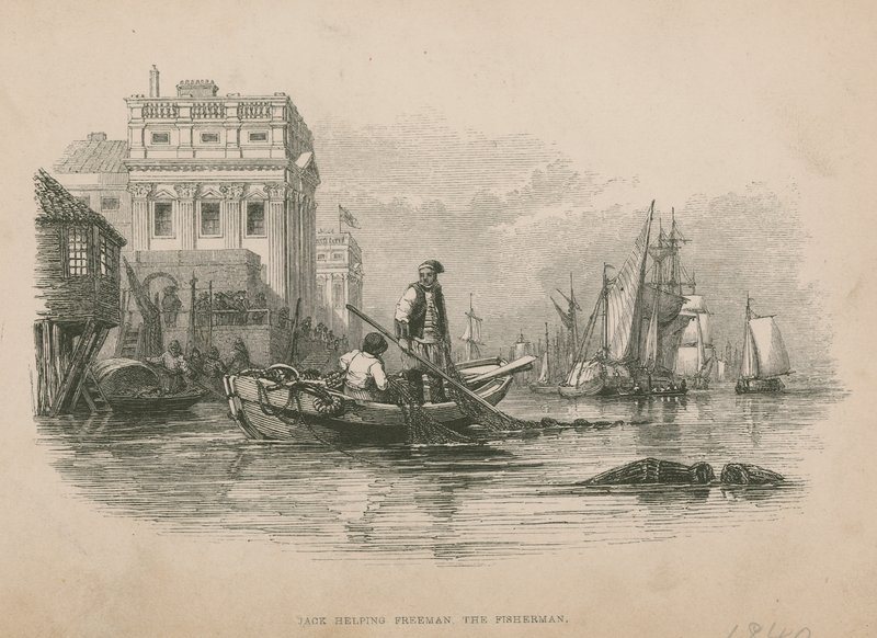 Jack ajudando Freeman, o pescador; ilustração de pobre Jack por Frederick Marryat de English School