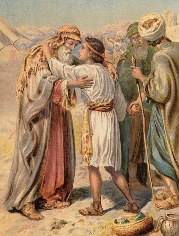 Separação Jacob de Benjamin, Génesis, XLIII (cor litho) de English School