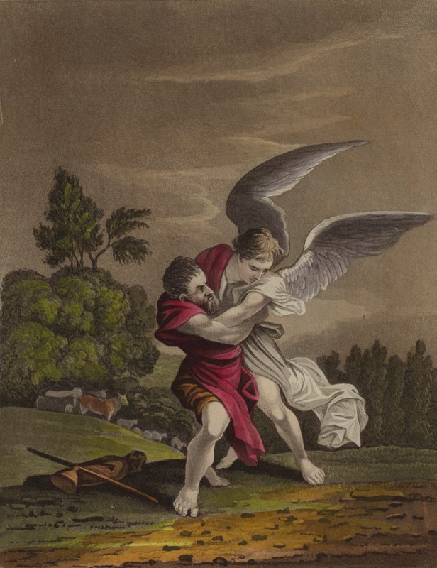 Jacob lutando com um anjo (lito colorido) de English School