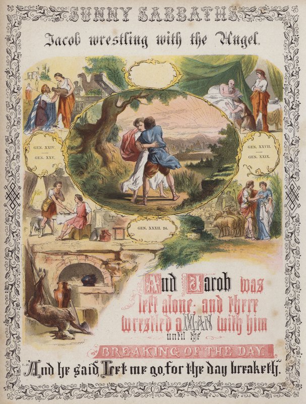 Jacob wrestling with the Angel (gravura colorida) de English School