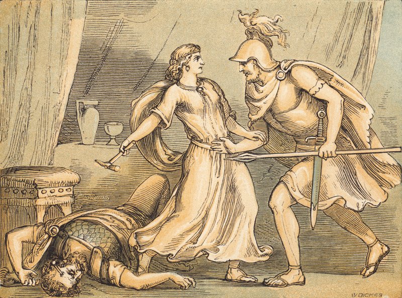 Jael e Sisera (gravura colorida) de English School