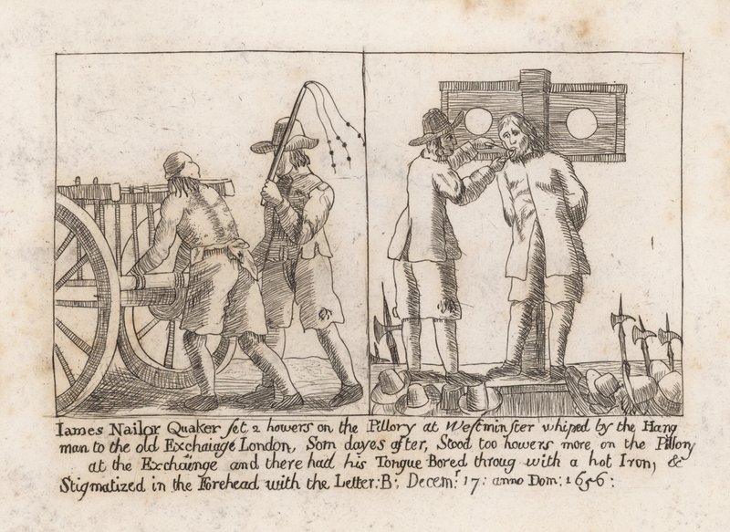 James Nailor, Quaker, sentou-se duas horas no pelourinho em Westminster de English School