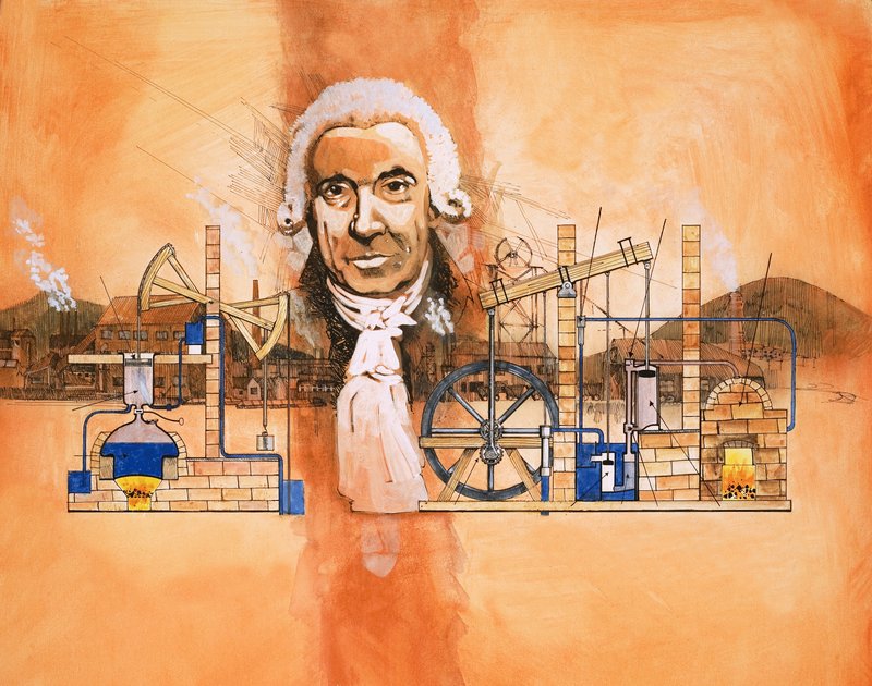 James Watt com fornos e bombas mecânicas no fundo de English School
