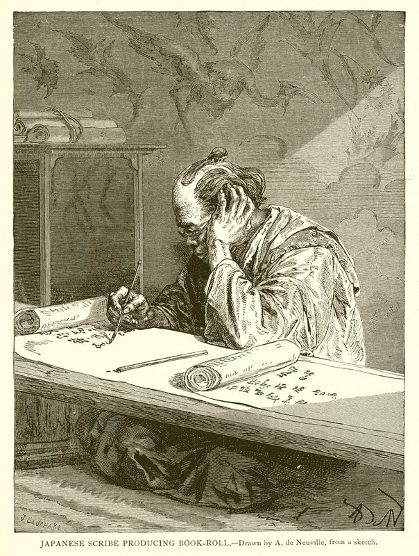 Escriba japonês produzindo livro-rolo de English School