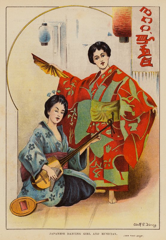 Rapariga japonesa a dançar e músico (litografia a cores) de English School