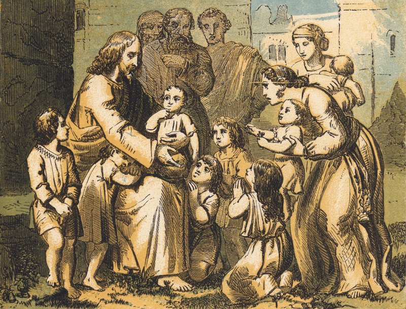 Jesus Blessing Little Children (gravura colorida) de English School