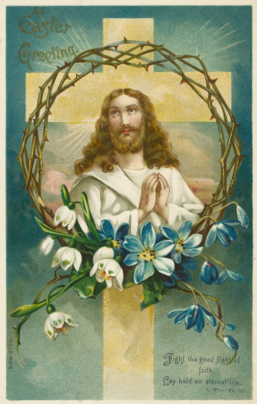 Jesus Cristo, cruz e coroa de espinhos (cromolitografia) de English School
