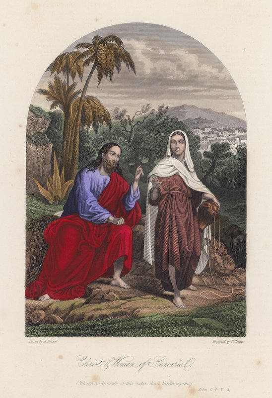 Jesus Cristo e a mulher de Samaria (gravura a cores) de English School
