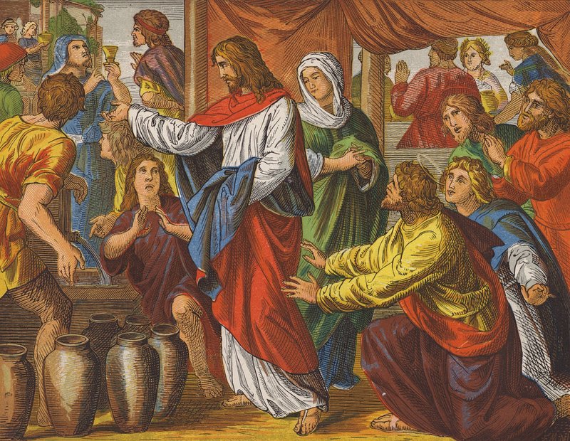 Jesus Cristo e as bodas de Caná (litografia a cores) de English School