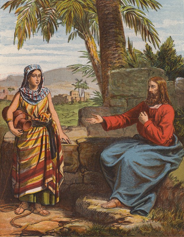Jesus Cristo e a mulher de Samaria (litografia a cores) de English School