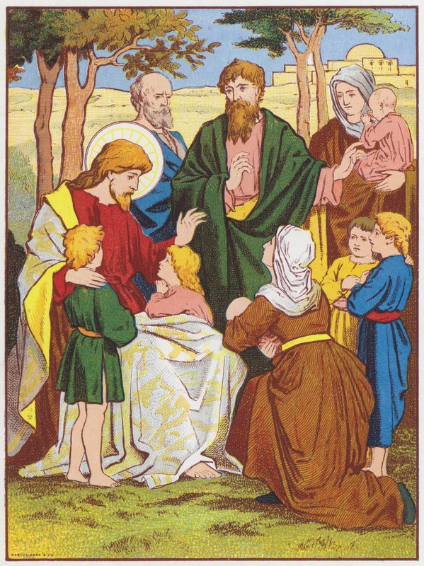 Jesus Cristo abençoa as criancinhas (cor litho) de English School
