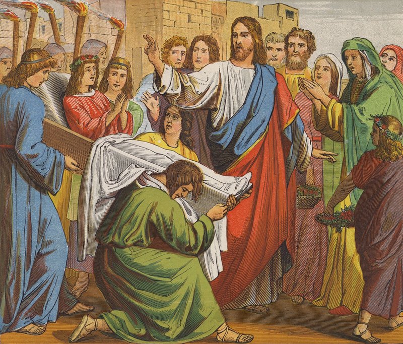 Jesus Cristo ressuscitando o filho da viúva de Naim (litografia a cores) de English School