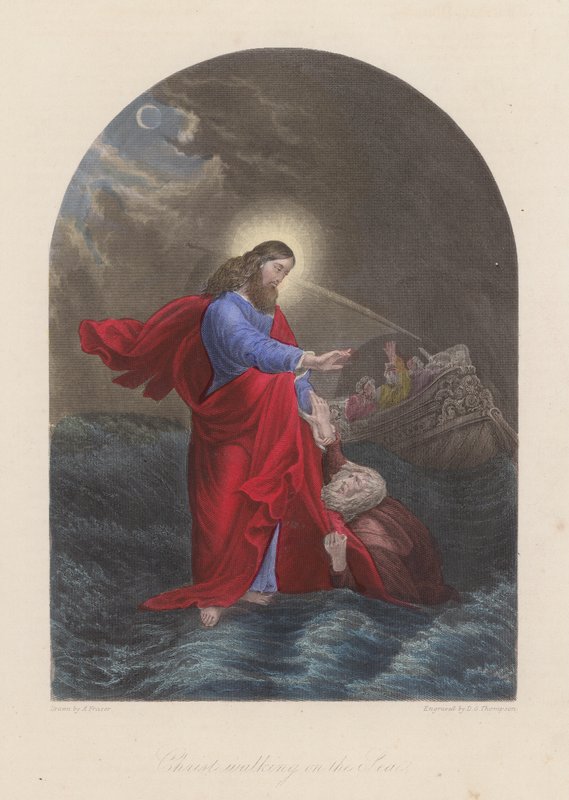 Jesus Cristo a caminhar no mar da Galileia (gravura a cores) de English School