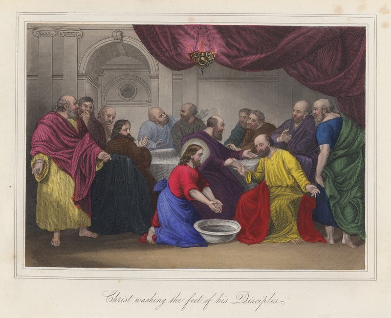 Jesus Cristo lavando os pés dos seus discípulos (gravura a cores) de English School
