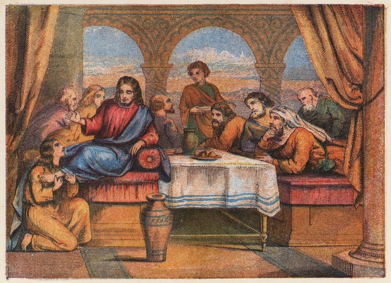 Jesus Cristo com os seus discípulos e Maria Madalena (litografia a cores) de English School