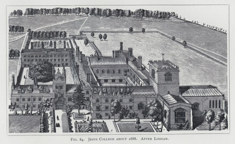 Jesus College cerca de 1688, depois de Loggan (gravura) de English School