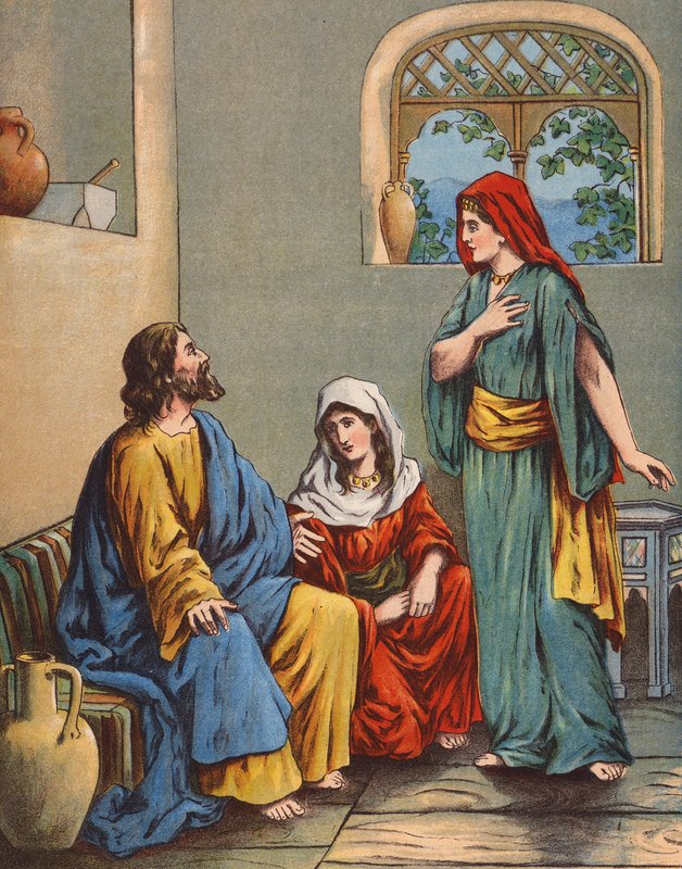 Jesus em casa de Marta e Maria (litografia a cores) de English School