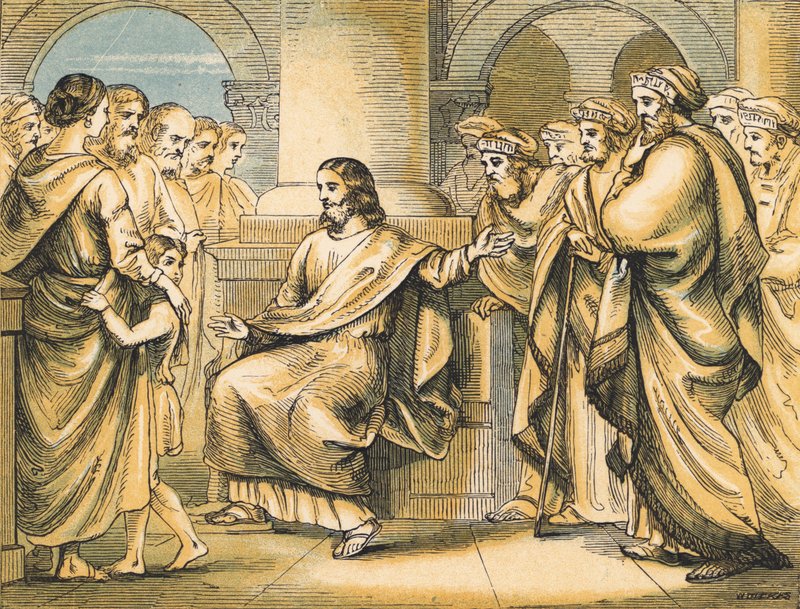 Jesus repreende os escribas e fariseus (gravura colorida) de English School