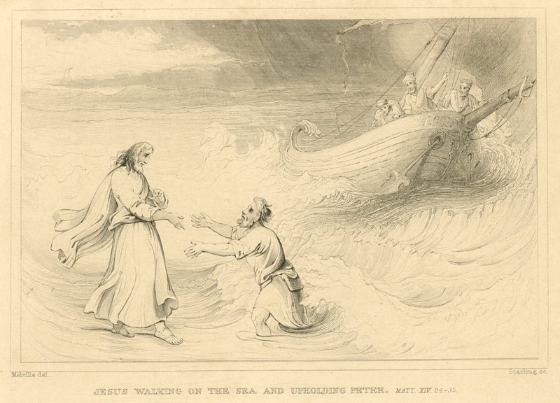 Jesus caminhando sobre o mar e sustentando Pedro, Mateus XIV, 24-33 (gravura) de English School