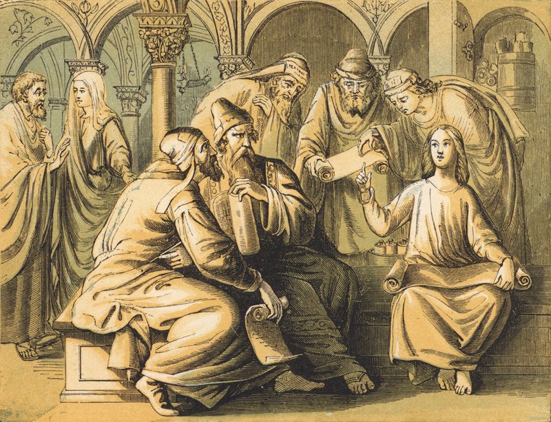 Jesus com os Doutores (gravura colorida) de English School