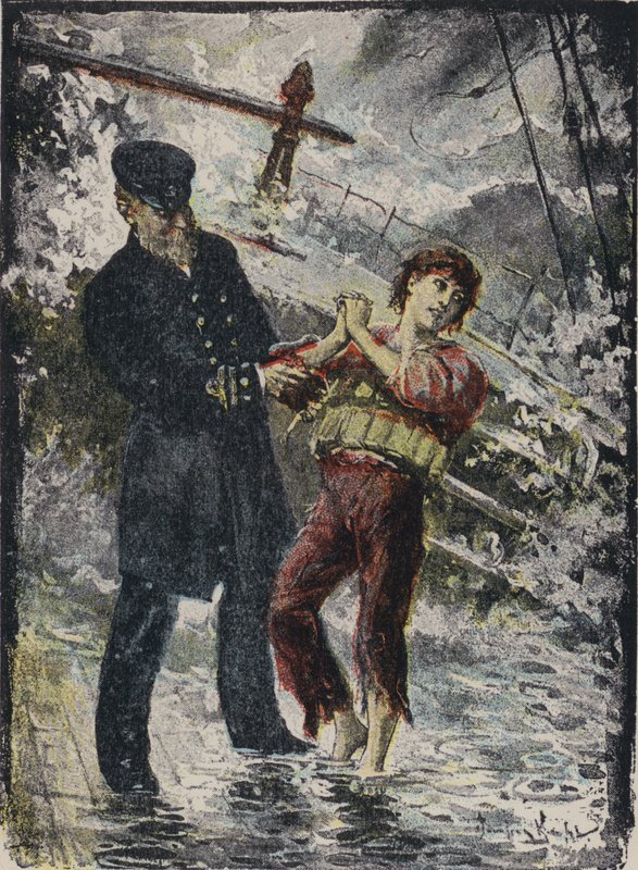 John Alexander Strachan, capitão do navio a vapor Cyprian, dando seu colete salva-vidas a um jovem clandestino antes que o navio naufragasse em um vendaval na costa galesa em 1881 (lito colorido) de English School