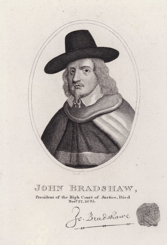 John Bradshaw, juiz inglês que foi presidente do Tribunal Superior de Justiça para o julgamento do Rei Carlos I em 1649 (gravura) de English School