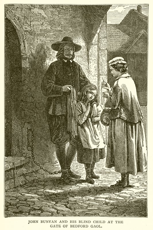 John Bunyan e seu filho cego no portão de Bedford Gaol de English School