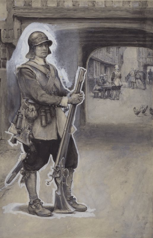 John Bunyan como soldado (gouache no papel) de English School