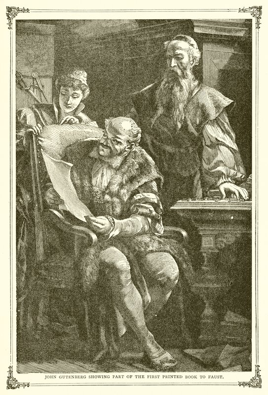 John Gutenberg mostrando parte do primeiro livro impresso para Faust de English School
