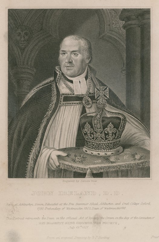John Ireland, que detinha a coroa na coroação de Sua Majestade o Rei George IV de English School