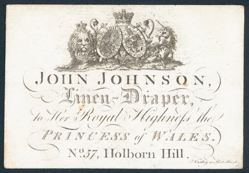 John Johnson, draper de linho, cartão comercial de English School