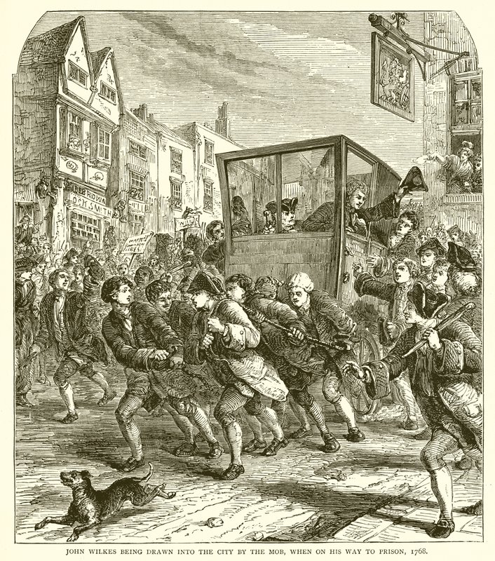 John Wilkes sendo arrastado para a cidade pela multidão, quando em seu caminho para a prisão, 1768 de English School