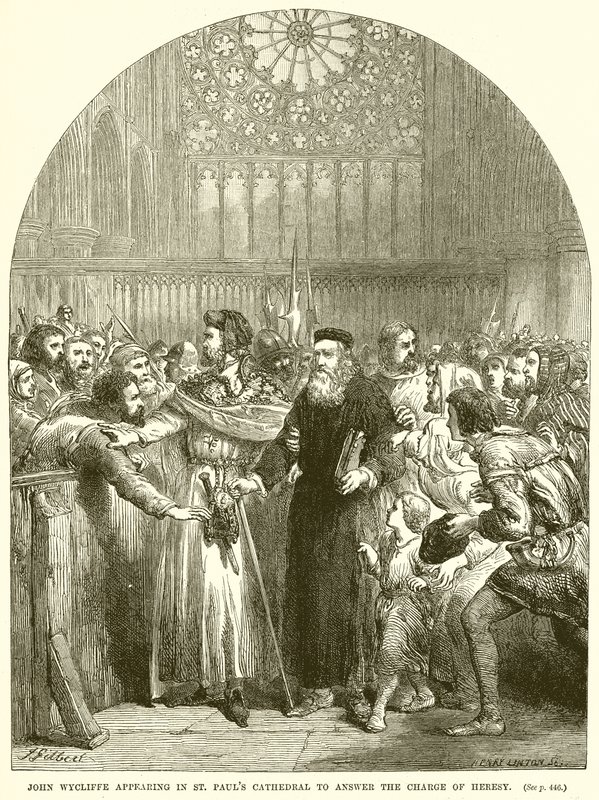 John Wycliffe aparecendo na Catedral de St. Pauls para responder à acusação de heresia de English School