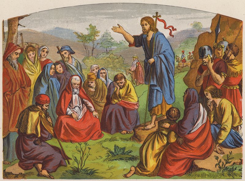 João Batista pregando no deserto da Judeia (litografia a cores) de English School