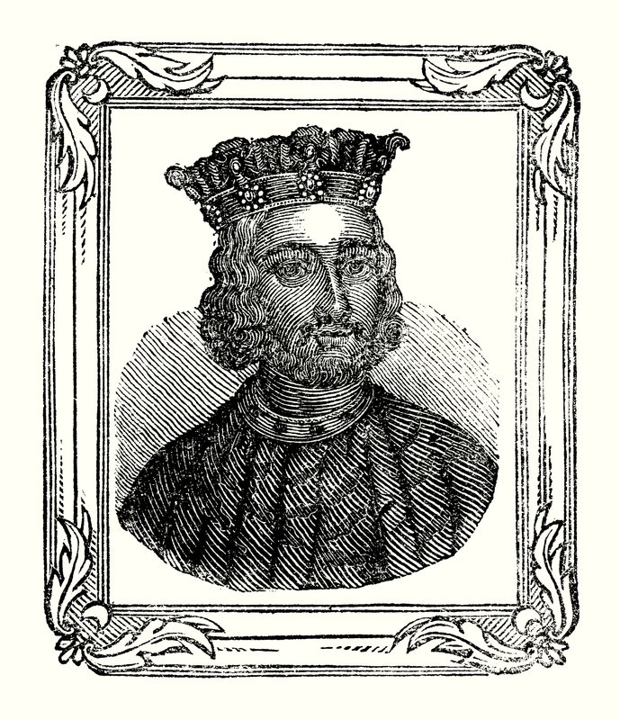 João nasceu em 1167, foi coroado em 1199, e morreu em 1216 (gravura). de English School