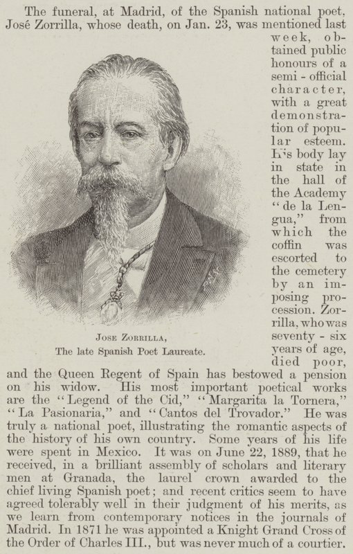 José Zorrilla, o falecido poeta espanhol Laureado (gravura) de English School