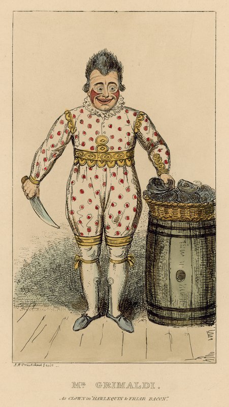 Joseph Grimaldi como palhaço em arlequim e frade bacon de English School