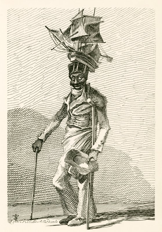 Joseph Johnson, um marinheiro negro, com uma modelo do navio Nelson em seu boné de English School