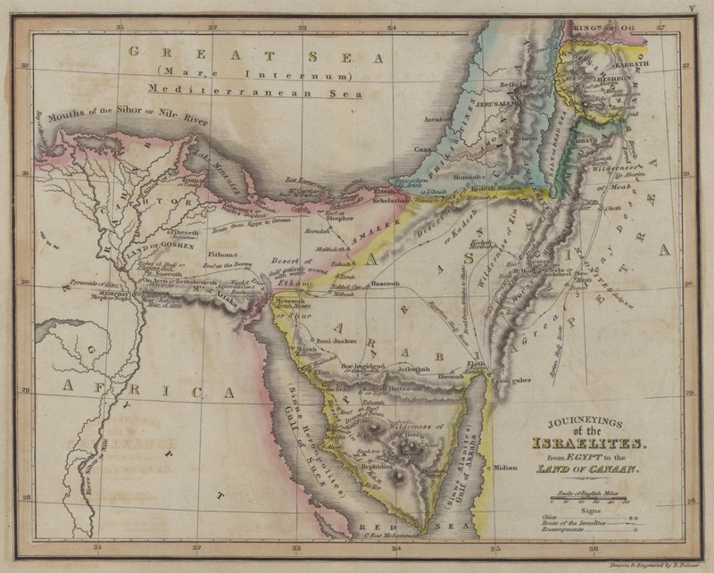 Viagens dos israelitas, do Egito à Terra de Canaã (gravura colorida) de English School