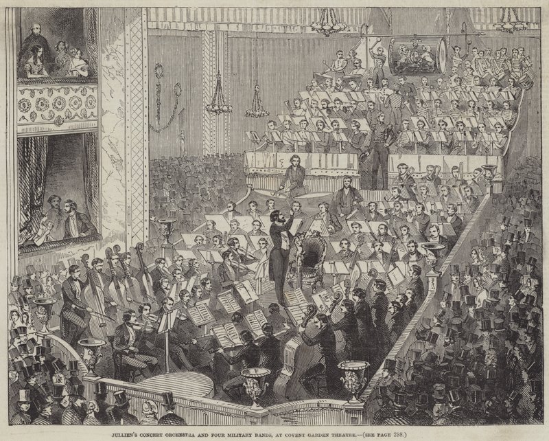 Orquestra de Concertos de Jullien e Quatro Bandas Militares, no Covent Garden Theatre (gravura) de English School