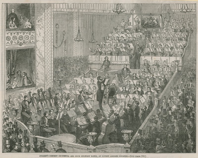 Orquestra de concertos de Julliens e quatro bandas militares no Covent Garden Theatre de English School