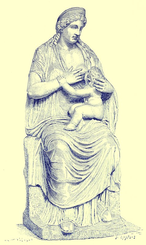 Juno amamentando o bebê Hércules, estátua no Vaticano, ilustração da História de Roma por Victor Duruy, publicada em 1884 (imagem digitalmente aprimorada) de English School