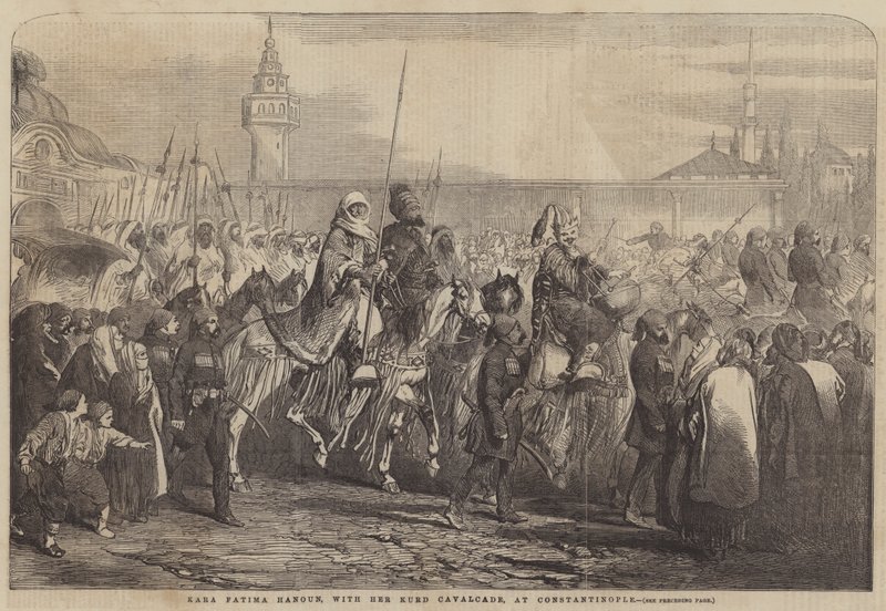 Kara Fatima Hanoun, com a sua Cavalgada Curda, em Constantinopla (gravura) de English School
