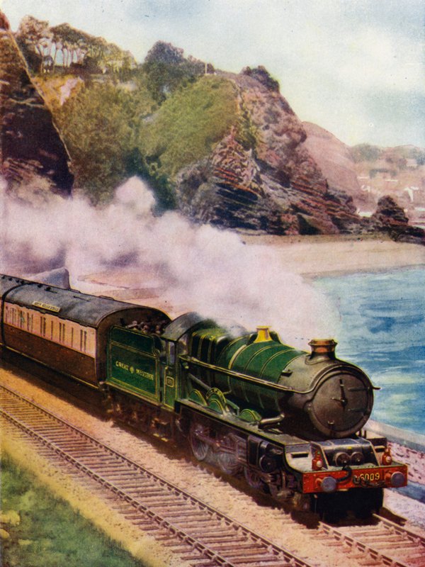 King Charles II, Great Western Railway (GWR) King classe 4-6-0 locomotiva a vapor, transportando o expresso da Riviera Cornish ao longo da costa entre Dawlish e Teignmouth, Devon (cor litho) de English School